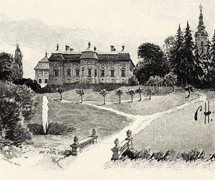 Kaštieľ, Petrovany – západný pohľad z parku, najstaršia známa podoba na dobovej maľbe zrejme z 19. storočia, zdroj: KPÚ Prešov