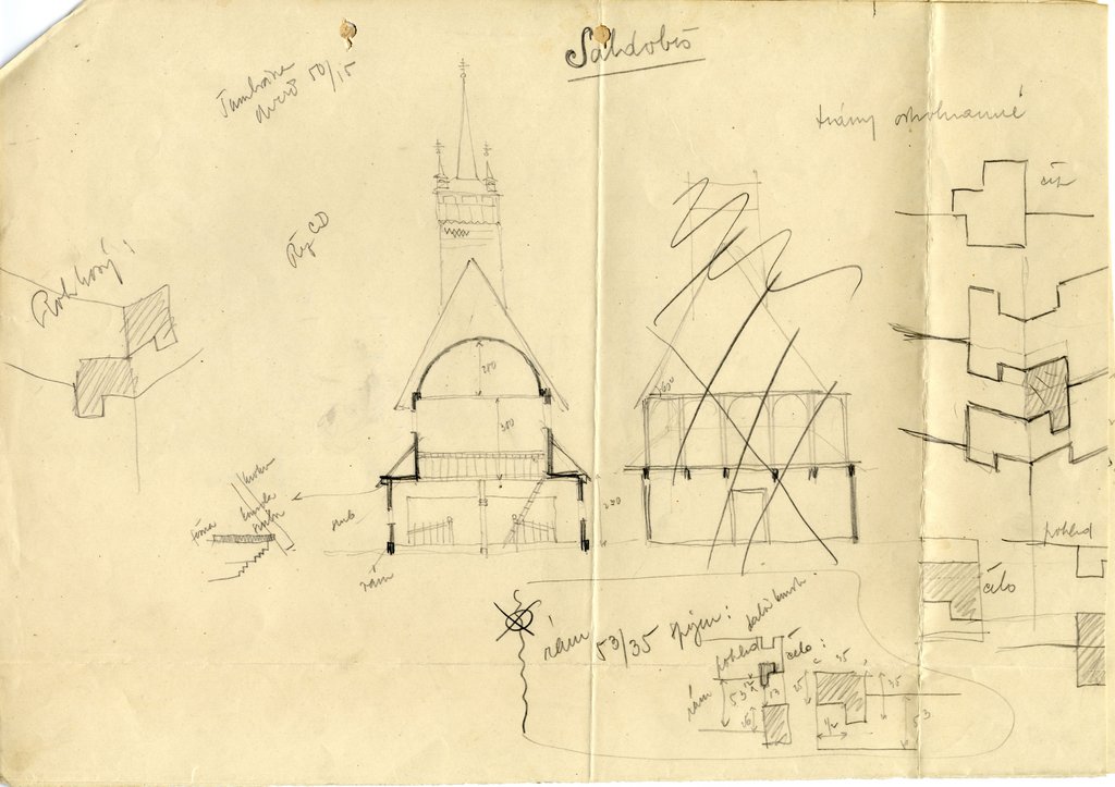 Václav Mencl: Zameranie drevenej Cerkvi Narodenia Presvätej Bohorodičky, Saldoboš (dnes Стеблівка/Steblivka, Zakarpatská oblasť, Ukrajina), 1925 (kostol vyhorel v roku 1994). Zdroj: Archív PÚ SR