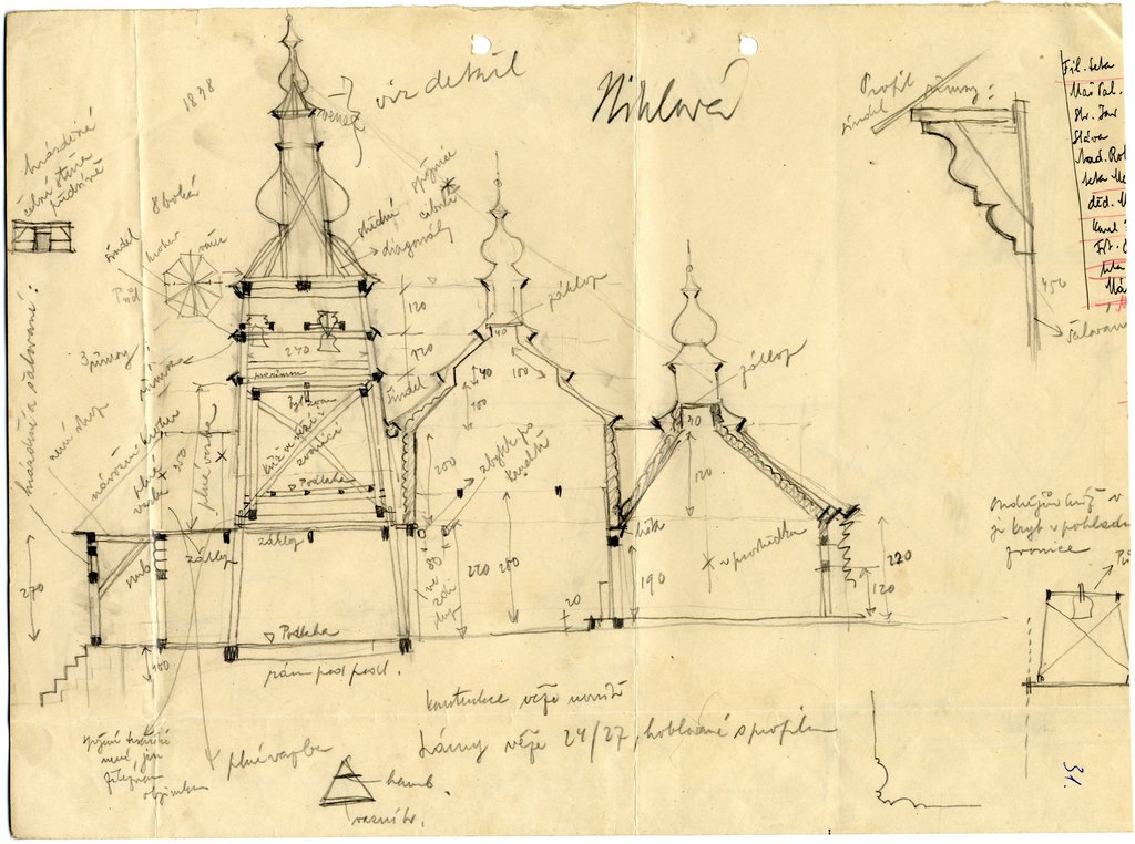 Václav Mencl: Zameranie drevenej Cerkvi sv. Mikuláša, Mikulášová, okr. Bardejov, 1925 (kostol v roku 1936 premiestnený do Bardejovských Kúpeľov). Zdroj: Archív PÚ SR
