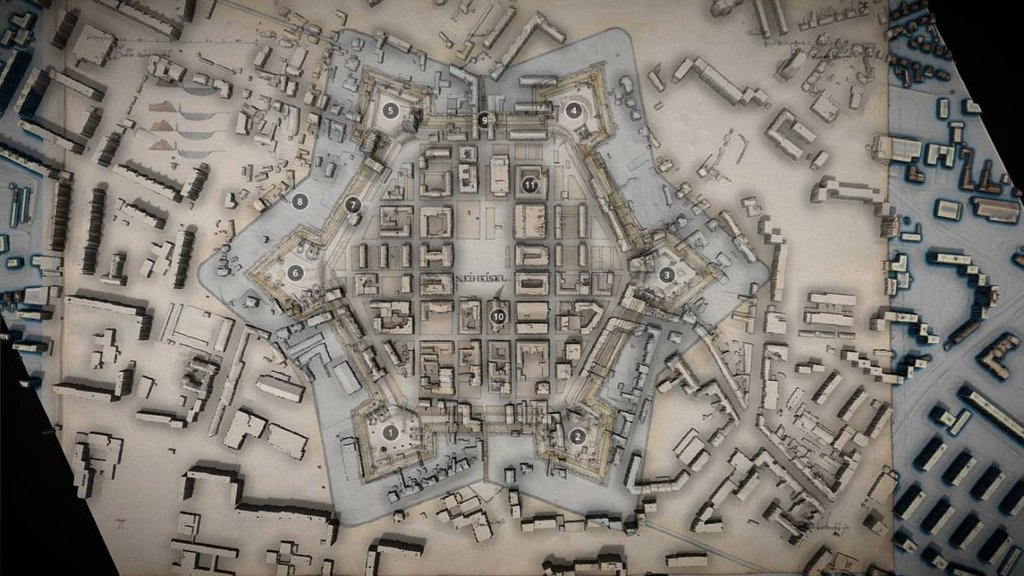 09 – 3D model protitureckej pevnosti v Nových Zámkoch, ktorý vznikol kombináciou historickej mapy zo 17. storočia so súčasnou podobou mesta (letecké laserové skenovanie), je dostupný na web stránke sketchfab.com
