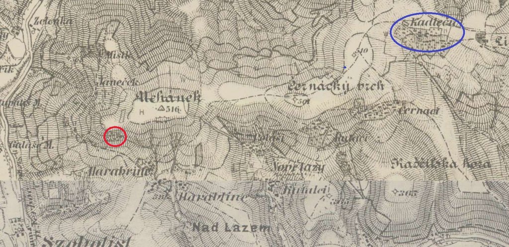 Mapa tretieho vojenského mapovania, červenou je zvýraznená kopanica Kadlečíkovci, modrou kopanica U Kadlečíkov (Kutálkovci), zdroj: maps.arcanum.com