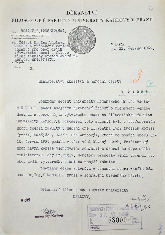 Dekanát Filozofickej fakulty Karlovej univerzity v Prahe, žiadosť o schválenie docentúry V. Mencla, Praha, 22. 6. 1939. Zdroj: Národní archiv, Praha