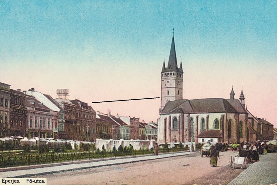 1. Prešov, Radnica a Kostol sv. Mikuláša po r. 1915, pozri konce čiary, zdroj: archív KPÚ Prešov