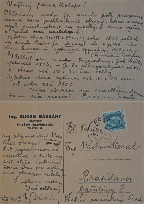 Ing. Eugen Bárkány, korešpondenčný lístok V. Menclovi, Prešov, 19. 7. 1937. Zdroj: Archiv Národního muzea, Praha