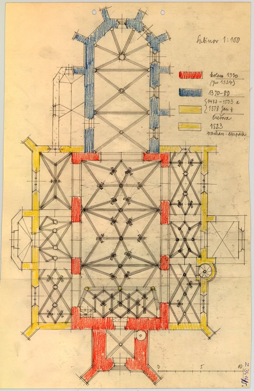 Václav Mencl: Zameranie Kostola sv. Jána Krstiteľa, Sabinov, 1931 alebo 1934(?). Zdroj: Archív PÚ SR