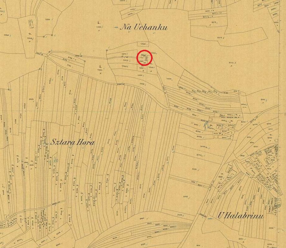 Prvá katastrálna mapa obce z roku 1909, červenou je zvýraznená kopanica Kadlečíkovci, zdroj: maps.hungaricana.hu