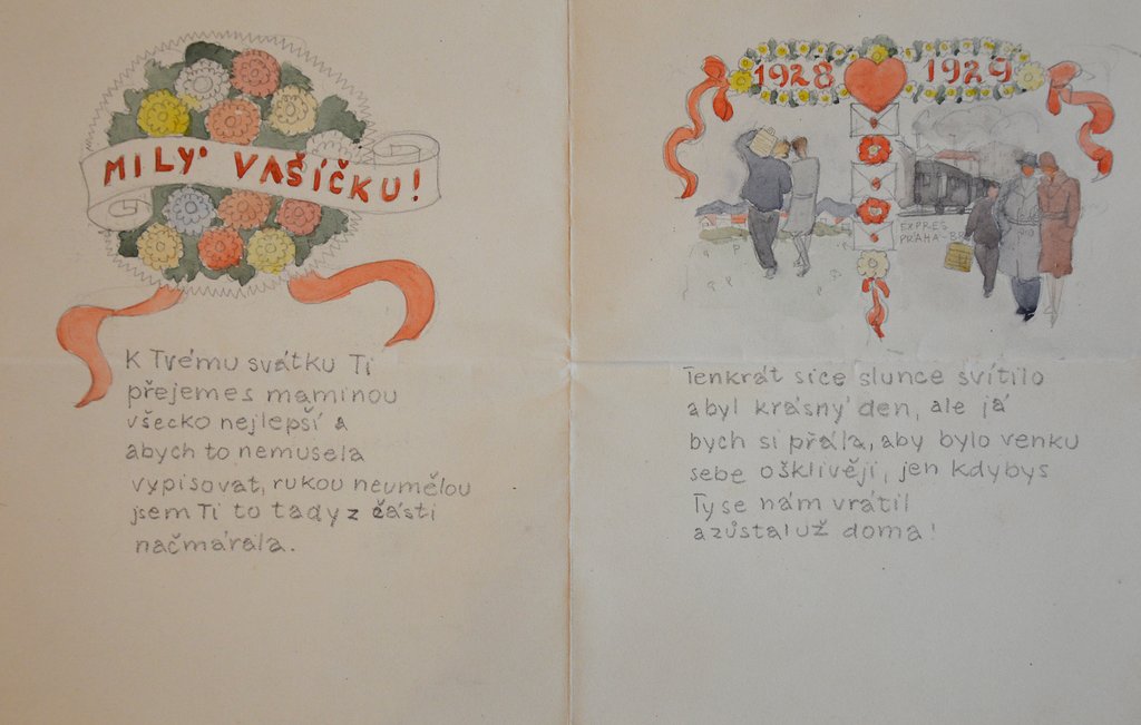 Dobroslava Vavroušková: Prianie V. Menclovi k osobnému sviatku, akvarel, 1929. Zdroj: Archiv Národního muzea, Praha