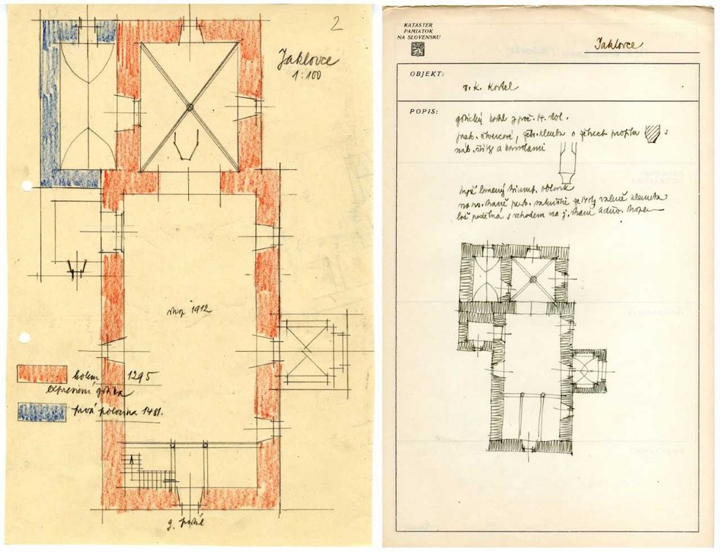 Václav Mencl: Zameranie a evidenčný list Kostola sv. Antona pustovníka, Jaklovce, okr. Gelnica, 1931, 1932. Zdroj: Archív PÚ SR