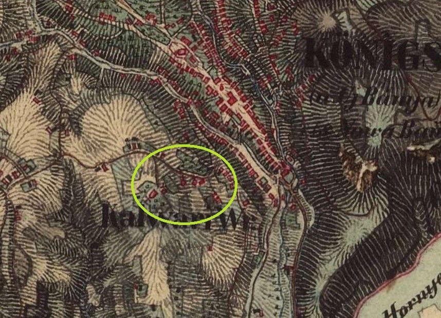 Vyznačenie kalvárie v Novej Bani na historickej mape, Druhé vojenské mapovanie (1819 –1869) Zdroj: mapire.eu 